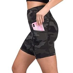 Yogalicious High Waist Running Biker Shorts with Pockets 7" Small Green Camo